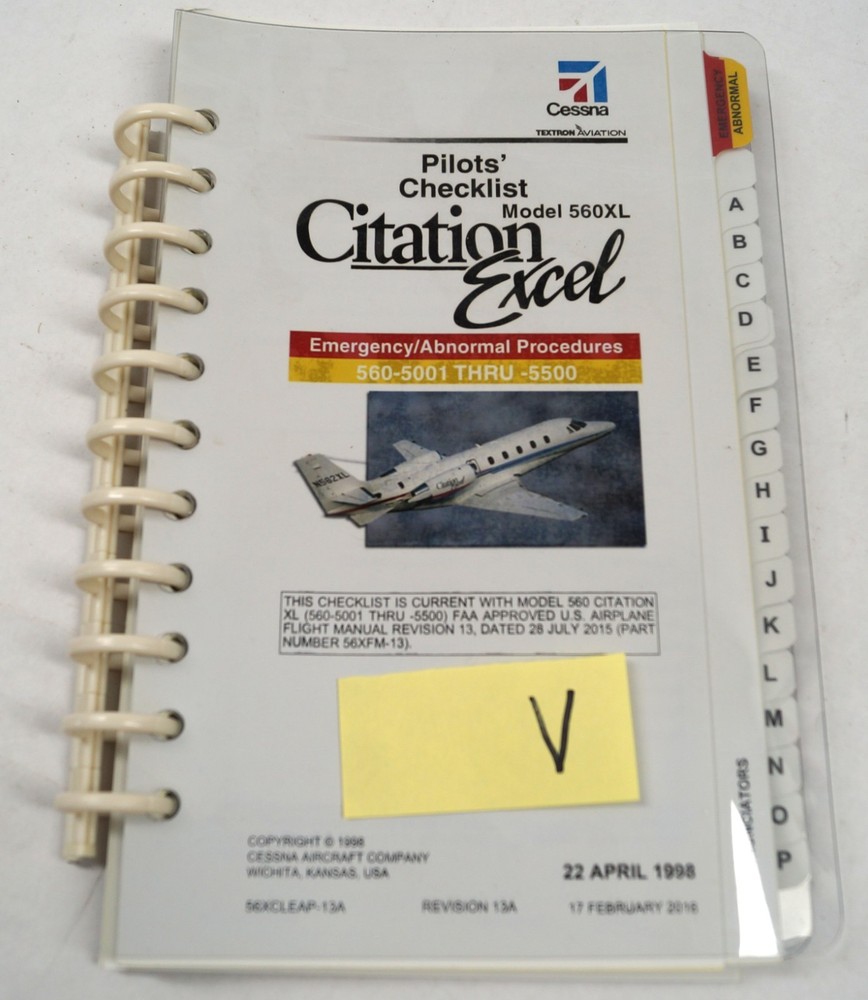Pilots Checkllst Model 560XL Citation Excel Emergency Abnormal Procedures C223A