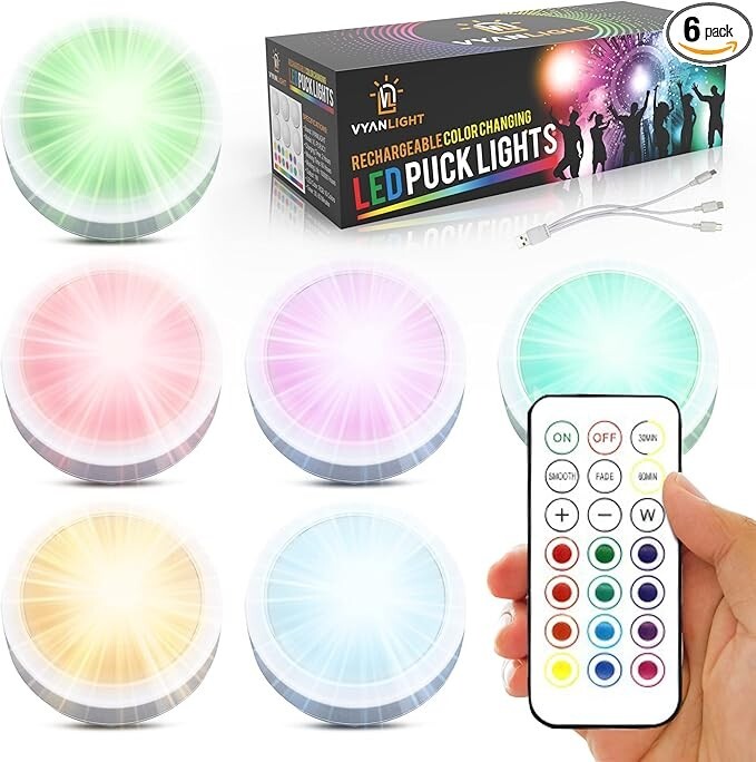 VYANLIGHT LED Puck Lights 16 Colors w/ Remote - Rechargeable Under Cabinet