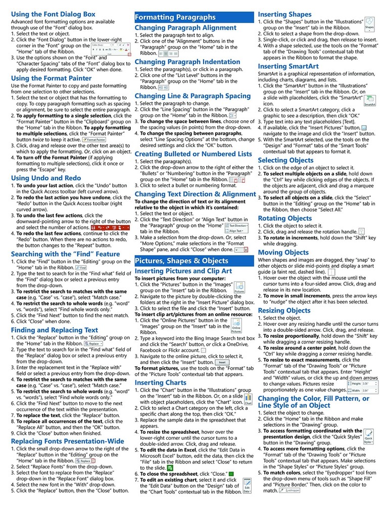 PowerPoint 2016 Training Guide Quick Reference Card 4 Page Cheat Sheet Help