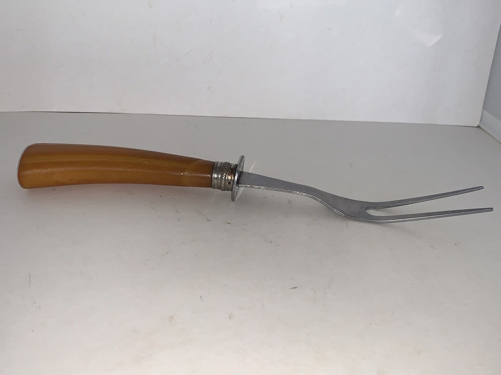 Vintage Meat Serving Fork Bakelite Butterscotch Handle