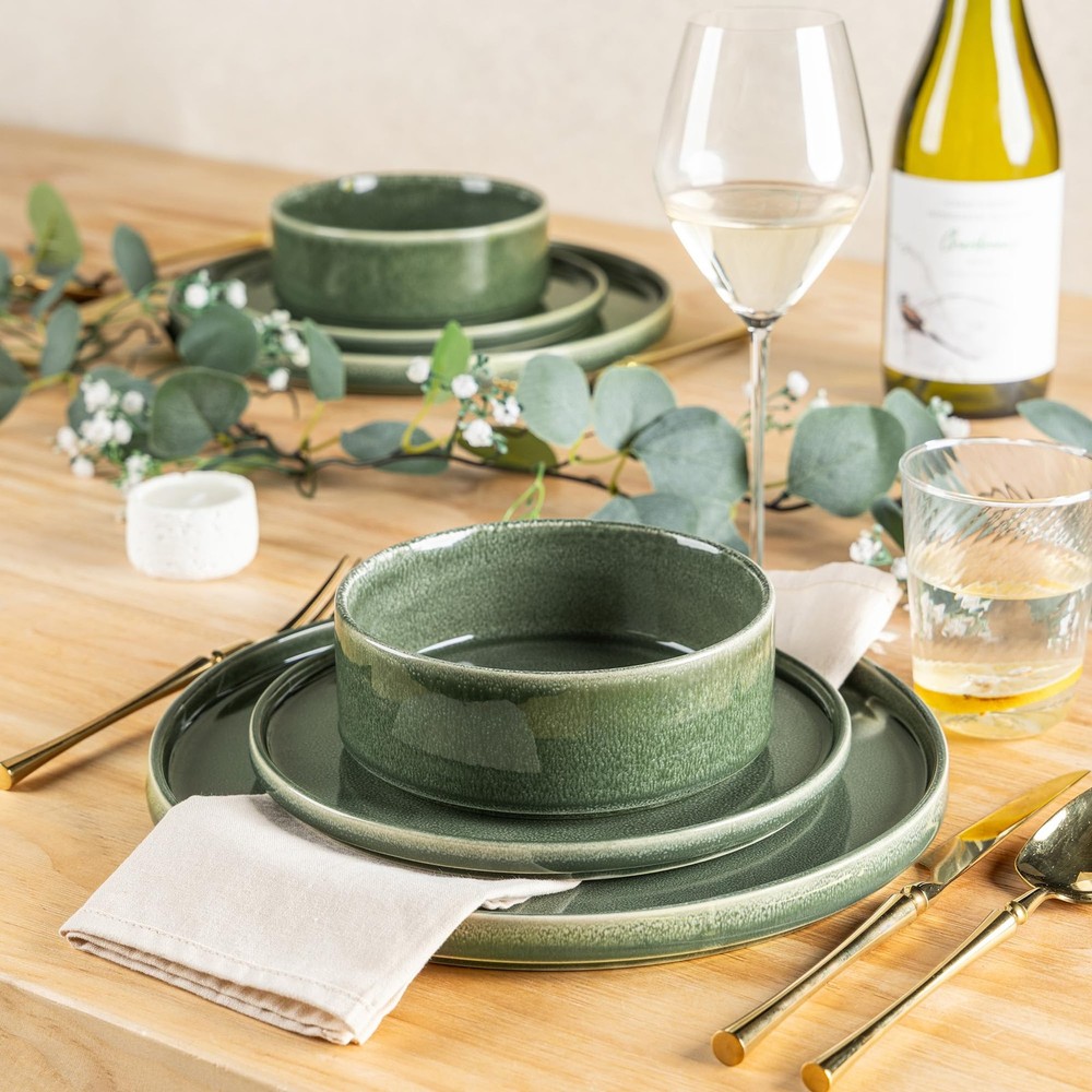 Ceramic Dinnerware Sets, Handmade Reactive Glaze Stoneware Plates and Bowls S...