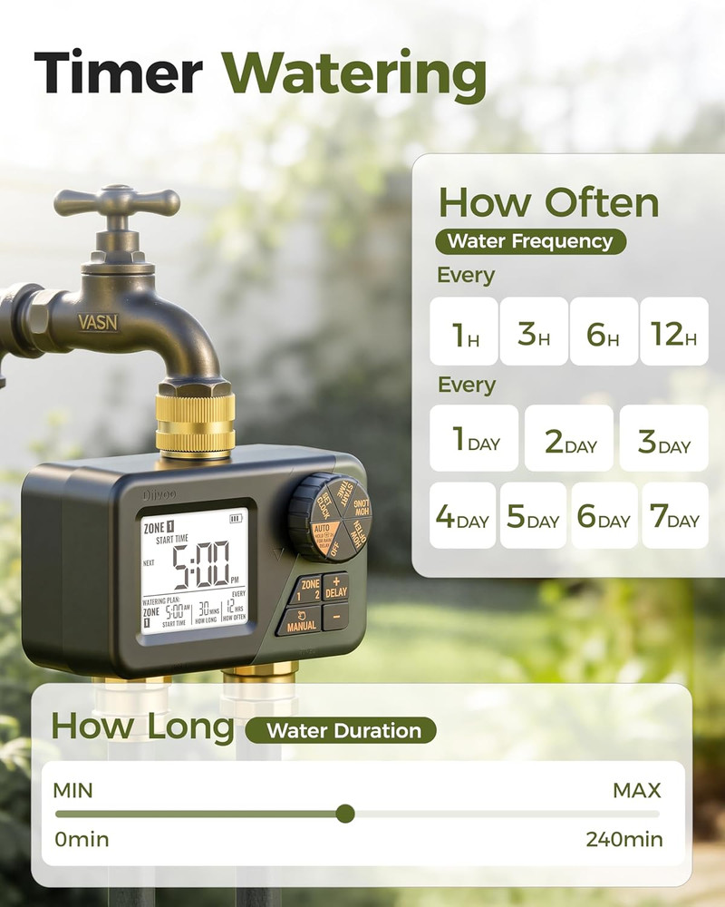 Brass Sprinkler Timer 2 Zone, IP66 Waterproof Programmable Water Hose Timer 2 Ou