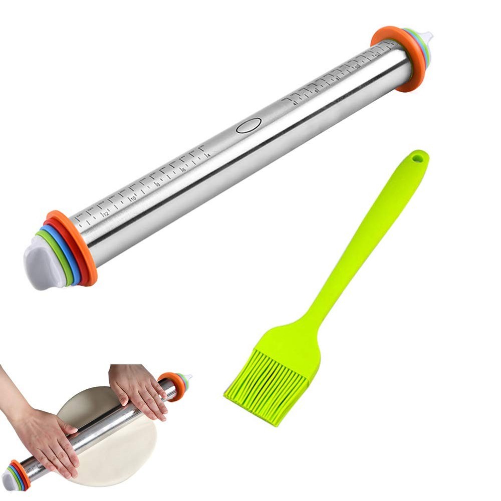 Rolling Pin, Adjustable Roller Pin with 4 Size Removable Thickness Rings + Oi...