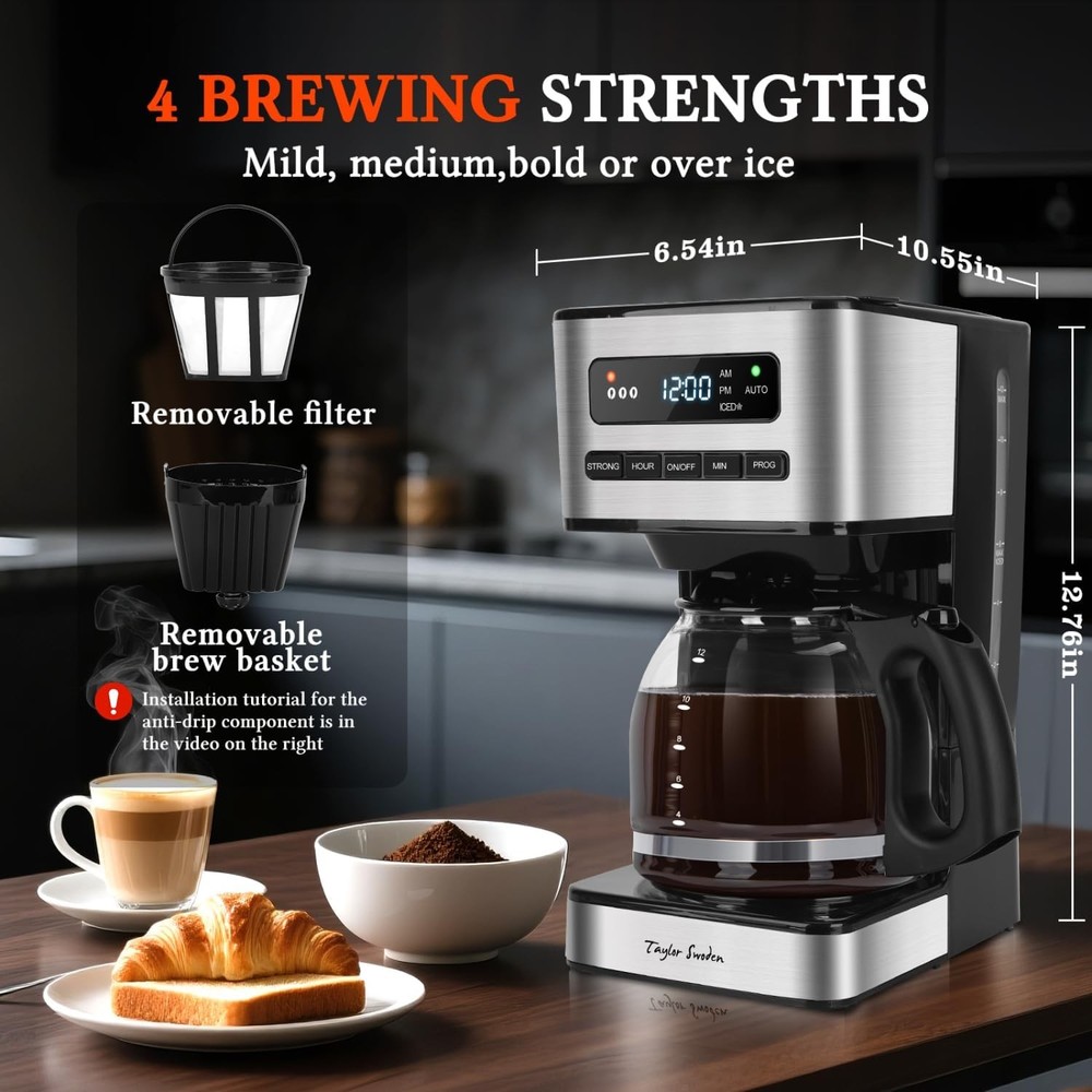 Programmable Coffee Makers 12 Cup, Hot and Iced Coffee Maker, 4 Brew Strength, L