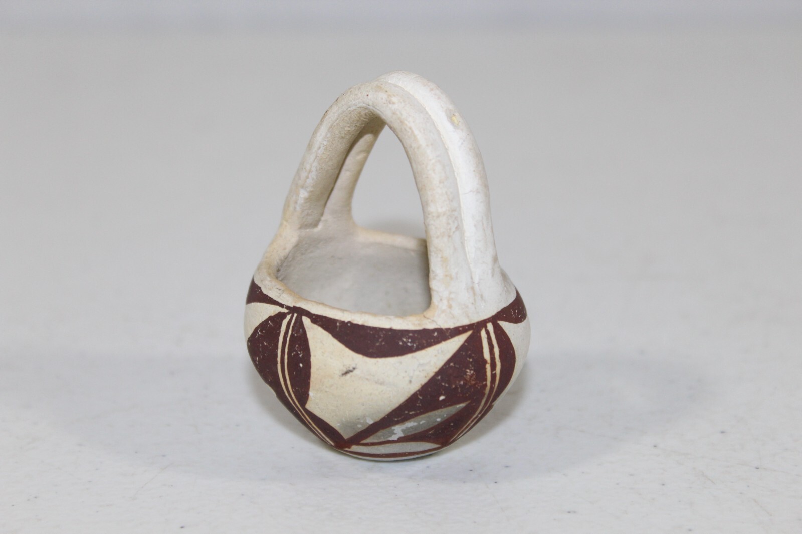 Vintage Acoma Pottery Small Basket Bowl 2.5" Tall Unsigned White & Brown