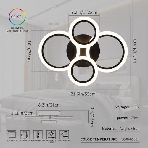 34W Modern LED Ceiling Light, 3000K-6000K Dimmable Ceiling Black, 4 Rings