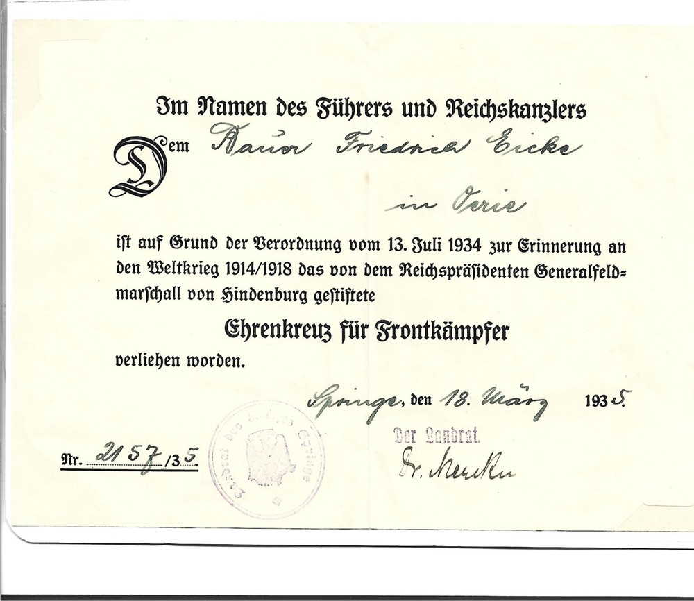 WWII GERMAN CROSS & CERTIFICATE MEDAL 1940