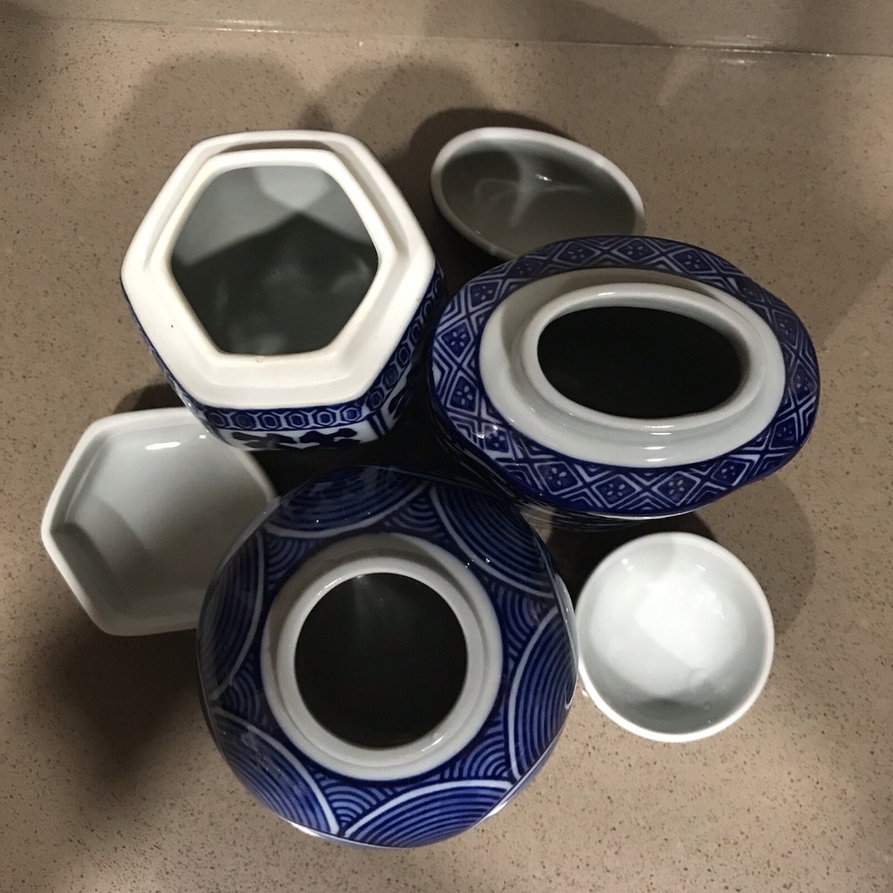 Decorative Ceramic Blue & White Lidded Jar 3 Piece Vanity Set