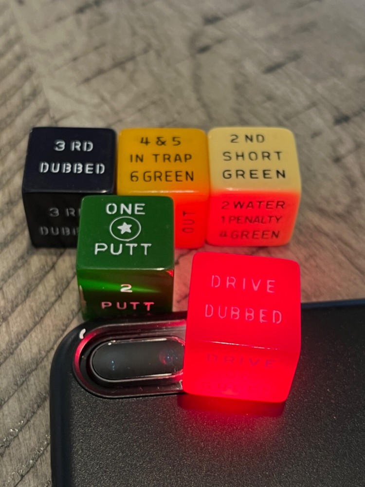 Old bakelite Galloping Golf oversized dice cube set cherry apple + 120123@