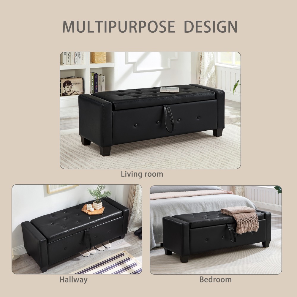 48-inch Storage Stool W Storage Function Faux Leather Quilted Upholstered Stool