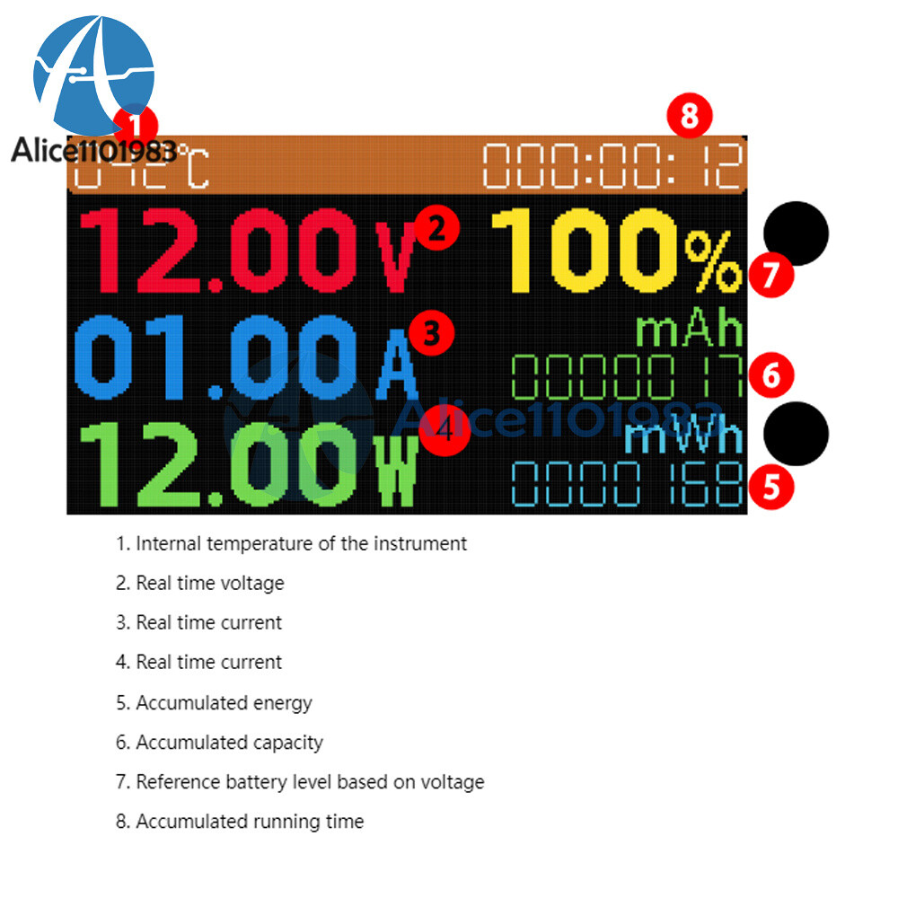 DC 7-200V 20A 1.14" HD IPS LCD Screen 8-in-1 Multi-function Power Voltage Meter