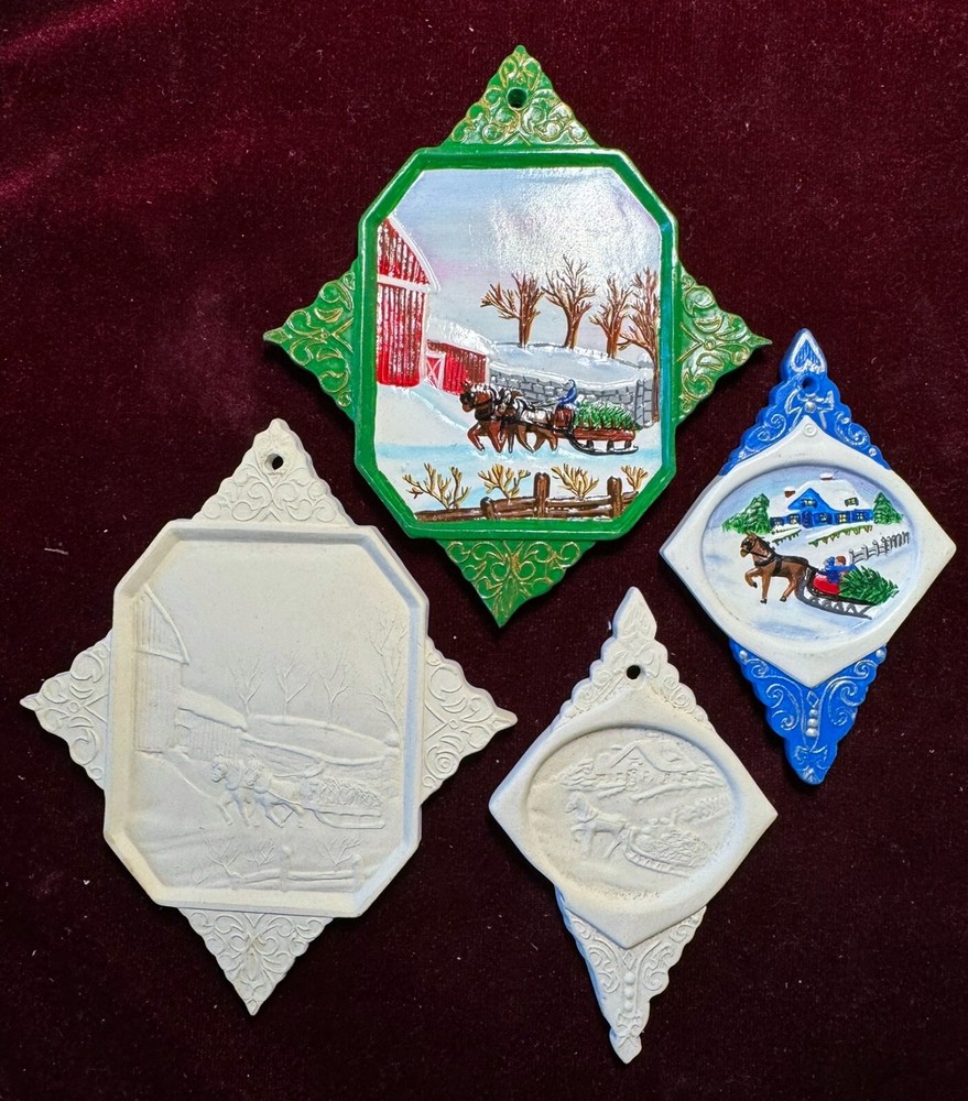 Sleighride Scene Ornaments-Unpainted Ceramic Bisque 2pc double sided