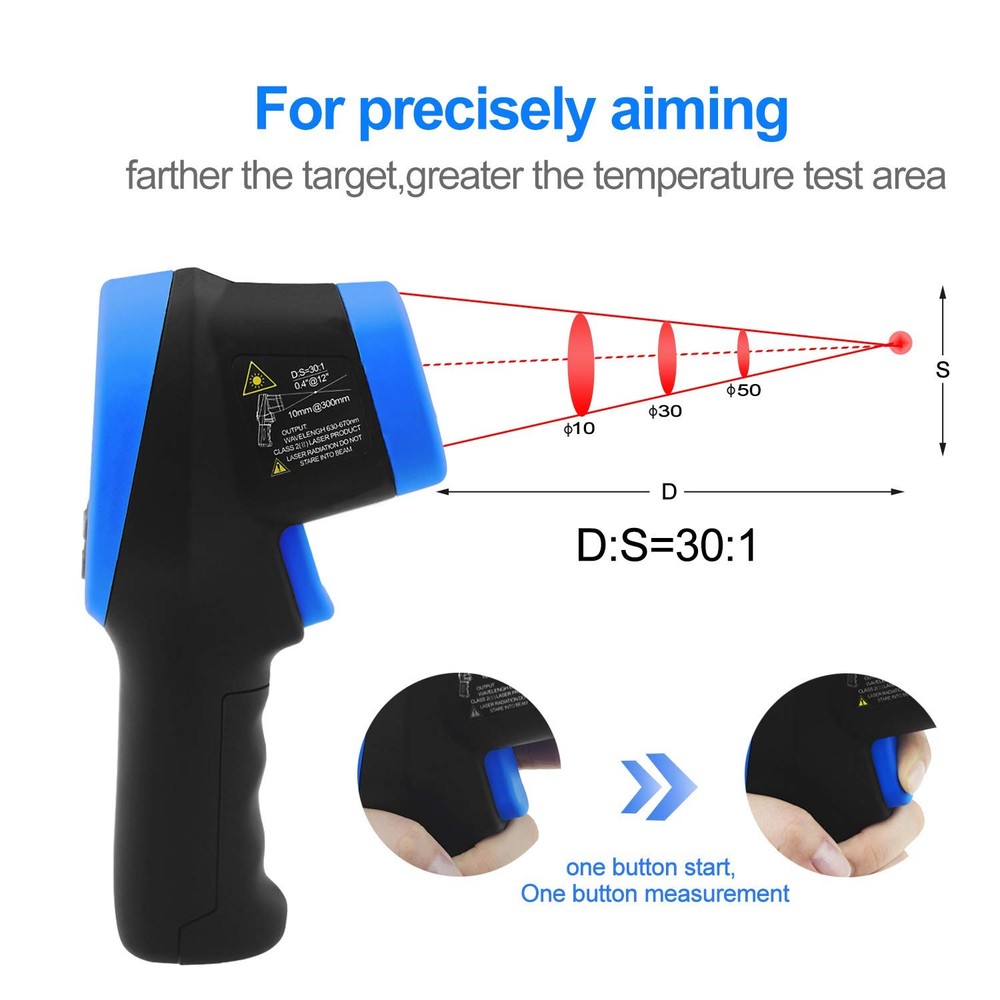 High Temp Thermometer -58℉~2732℉ Industrial Pyrometer 30:1 Digital IR Tempera...