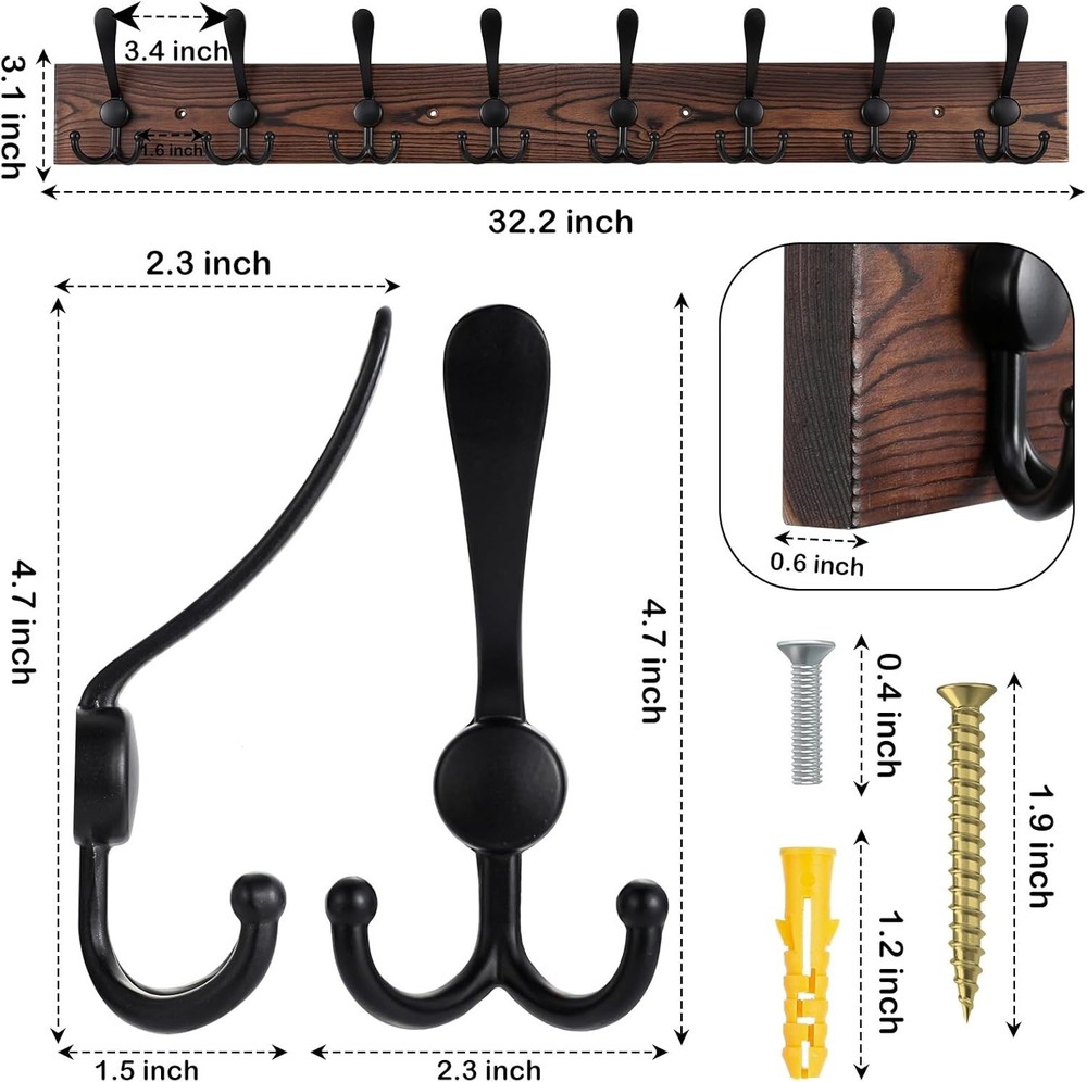 Chic Wall-Mount Coat Rack 32.2'' with 8 Functional Triple Hooks in Rustic Style