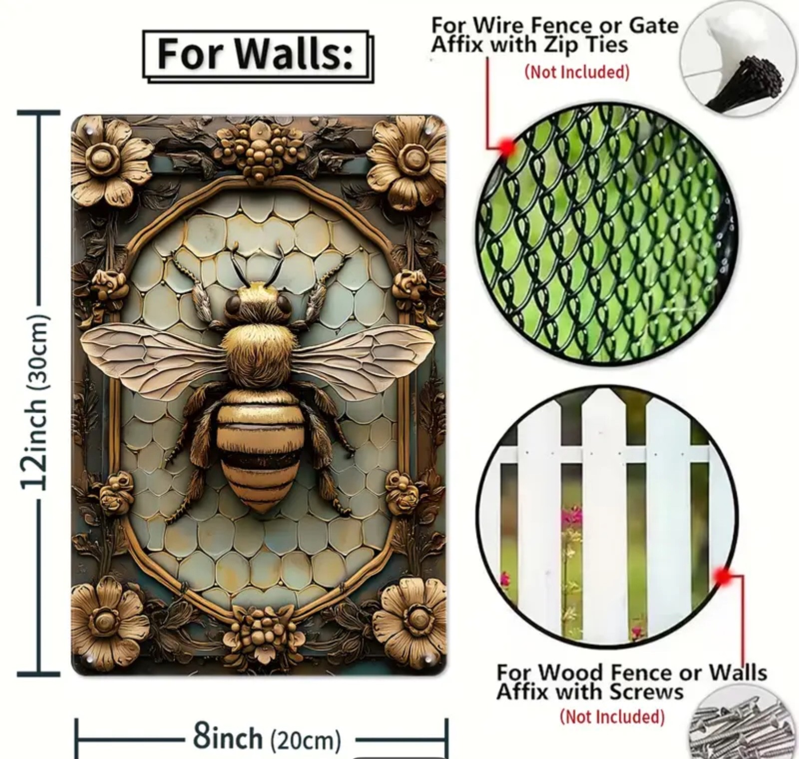 2D Bee design Metal Sign Retro Wall Decor for Bar Cafe NEW 12x8