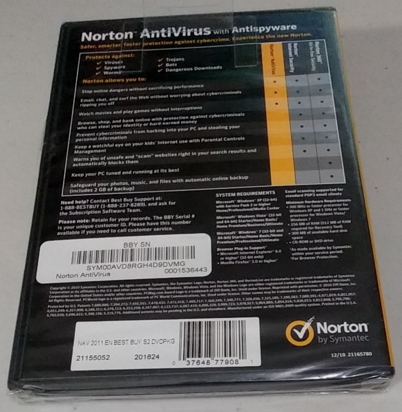 Norton AntiVirus 2011 with AntiSpyware by Symantec for Win 7/Vista/XP NEW SEALED