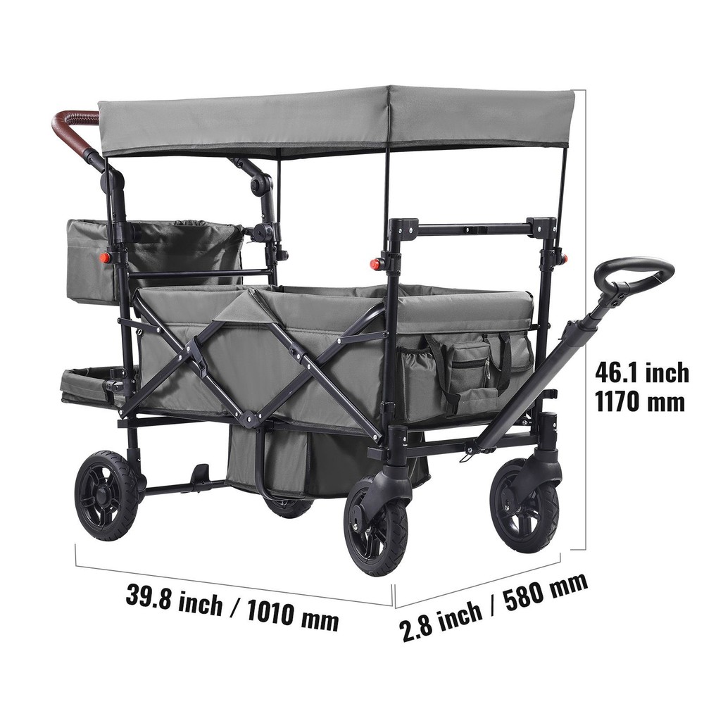 Wagon Stroller for 2 Kids, Push Pull Quad Collapsible Stroller with Adjustable H