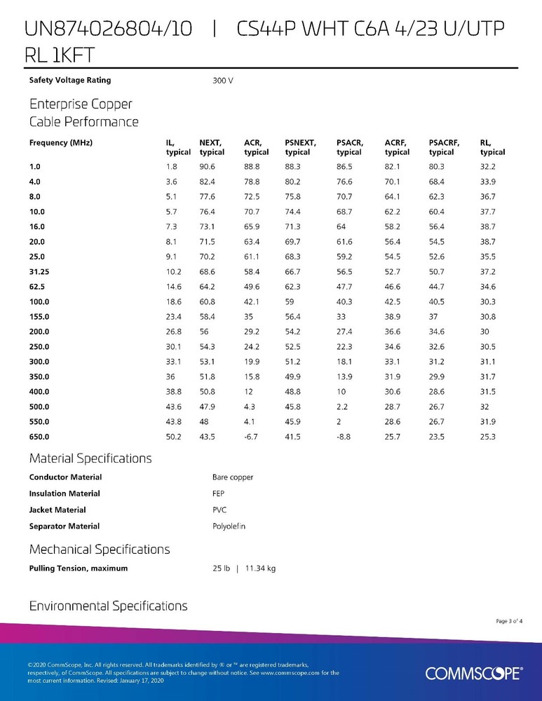 Commscope CS44P Cat6A U/UTP Network Ethernet 10G 10Gig Cable Plenum White /50ft