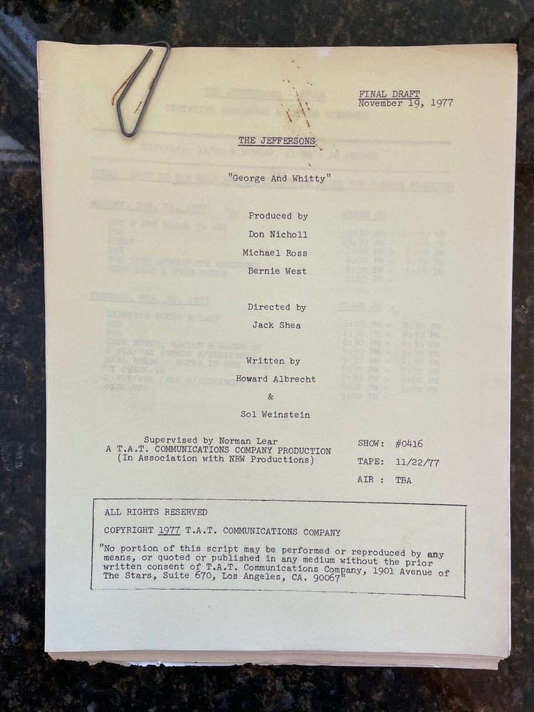 The Jefferson's Original TV Script - "George and Whitty"