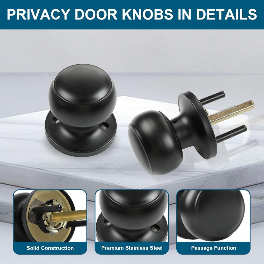 RAZCC 4-Pack Matte Black Passage Door Knobs, Interior Round Handles for Hallway/