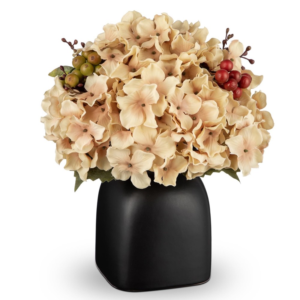 Briful Hydrangea Artificial Flowers in Ceramic Black Vase, Beige Silk Hydrang...
