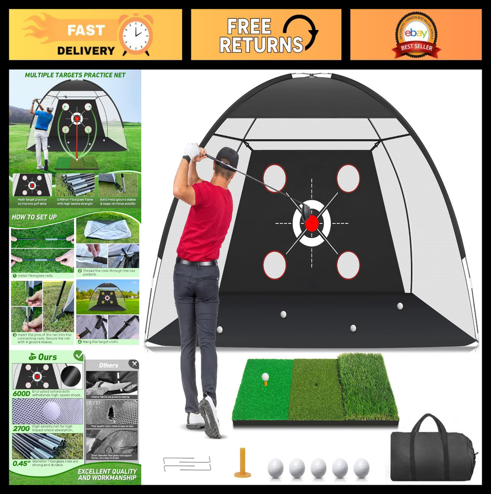 10x7FT Golf Net with Practice Mat - Hitting Aid for Backyard Training, Indoor/Ou