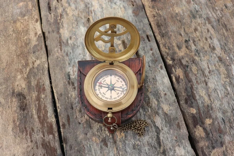 Handmade sundial compass with chain & leather Box nautical gift compass