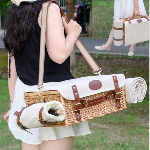 Multifunctional Wicker Picnic Basket Set for Natural With Blanket &Table for 2