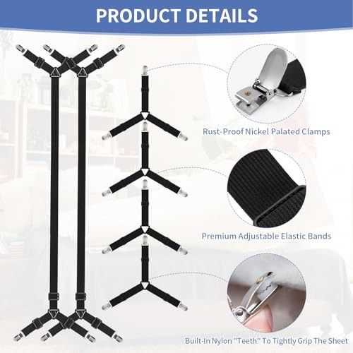 Wanheart Bed Sheet Straps - 4+2 Set with Triangle & Straight Clips, Adjustable