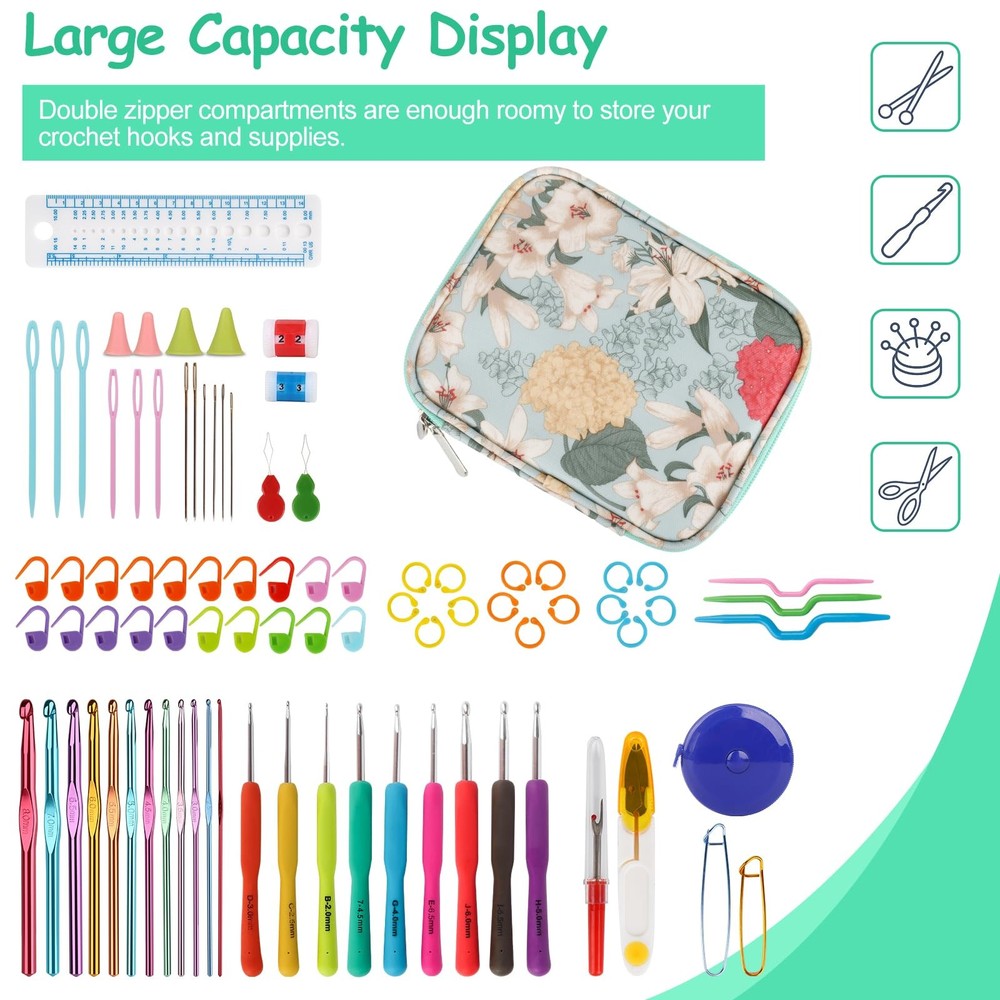 Crochet Hook Case Empty Zipper Bag Organizer Web Pocket Holder Slots Light Blue