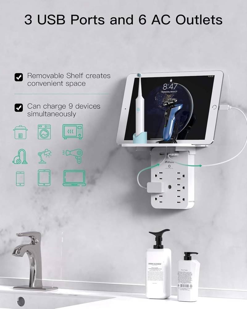 Wall Outlet Extender W/ Surge Protector 6 AC Outlets Shelf 2 USB & USB C