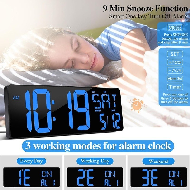 Extra Large LED Digital Wall Clock Auto Dimming Snooze Timer Remote Control