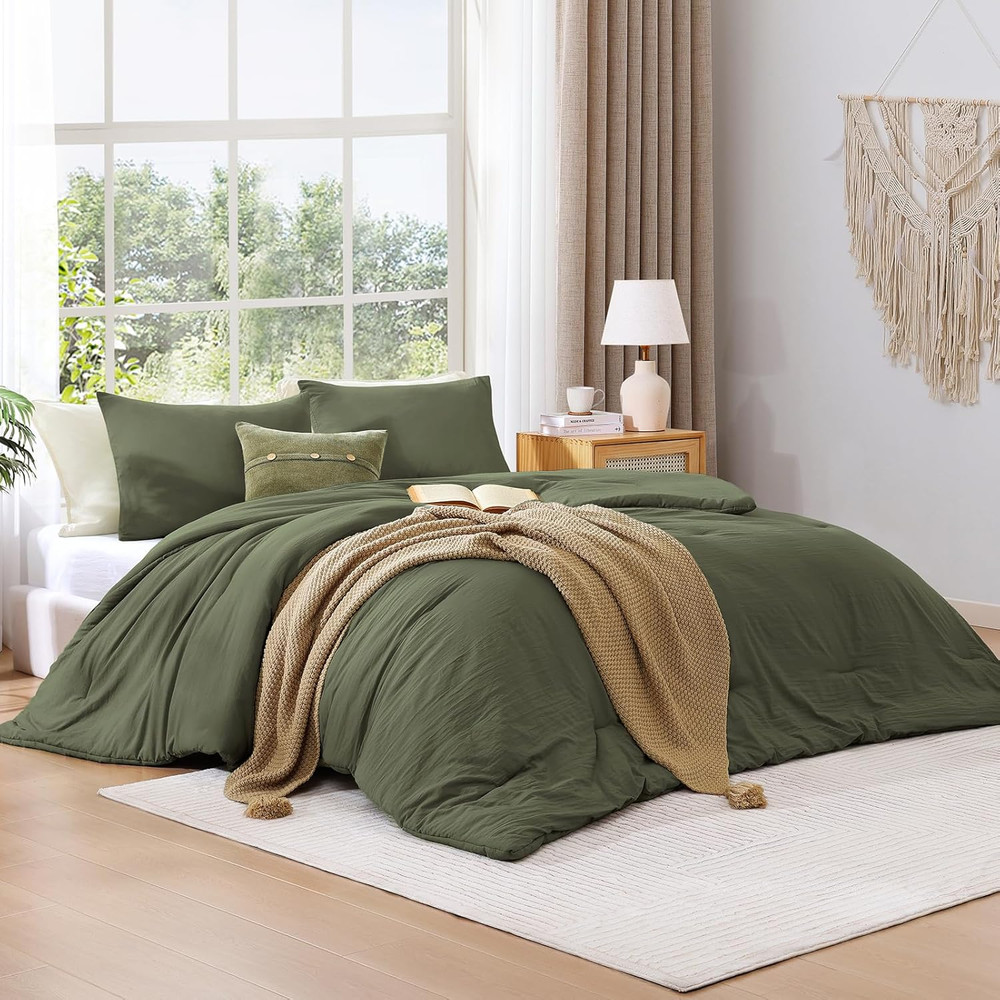Full Size Comforter Sets - 3 Pieces Olive Green Comforter Prewashed Soft Lightwe