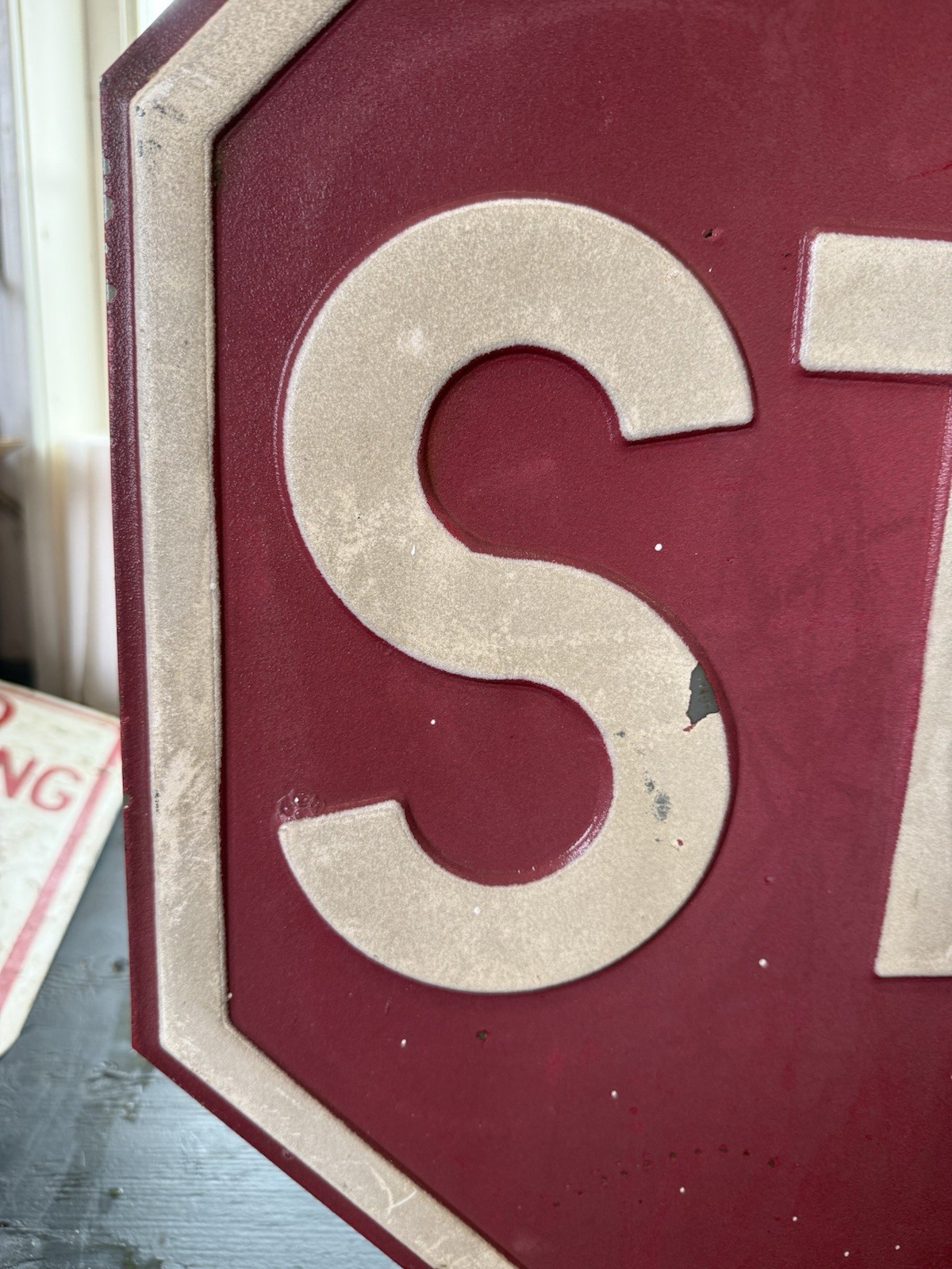 1950s Antique Metal Heavy Stop Sign 24” Raised Letters