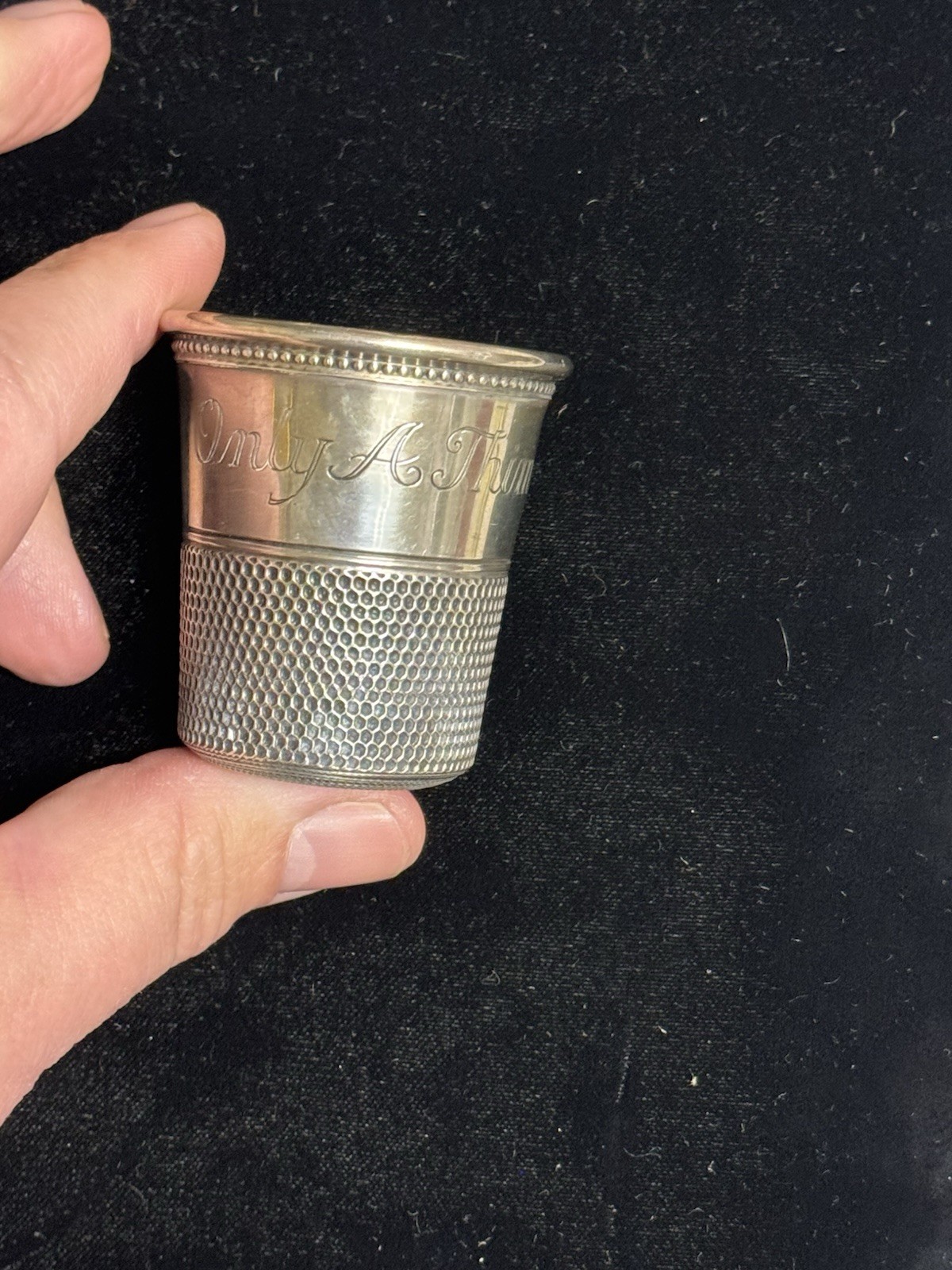 Antique Sterling "Only A Thimble Full" Shot Glass By Charles Thomae