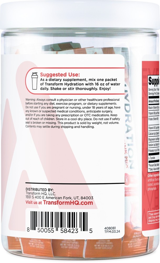 TransformHQ Hydration Electrolyte Drink Mix (Fruit Punch) 21 Packets