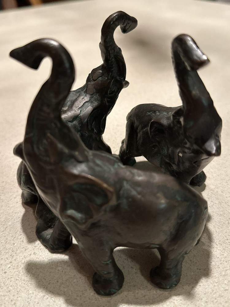 Vintage Solid Brass 3 Elephant Figurine Sculpture Statue Lucky Trunk Up