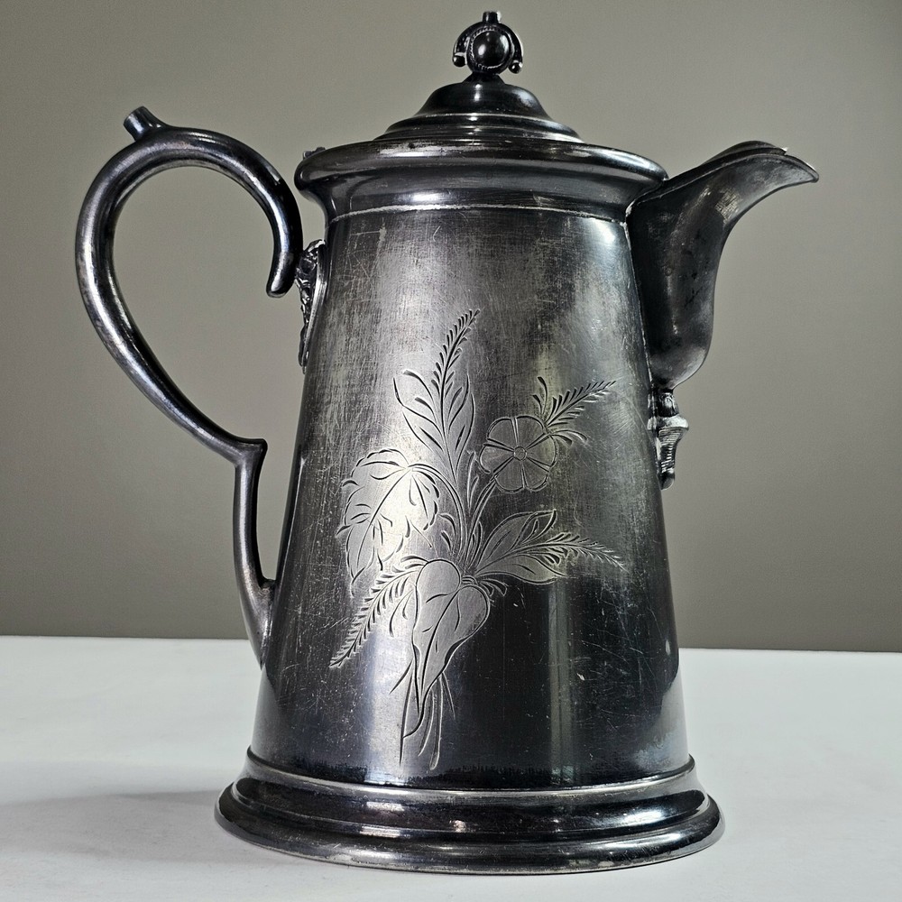 1800's Victorian Antique Silver Plated Pitcher Ornate Floral Pattern Hinged Lid