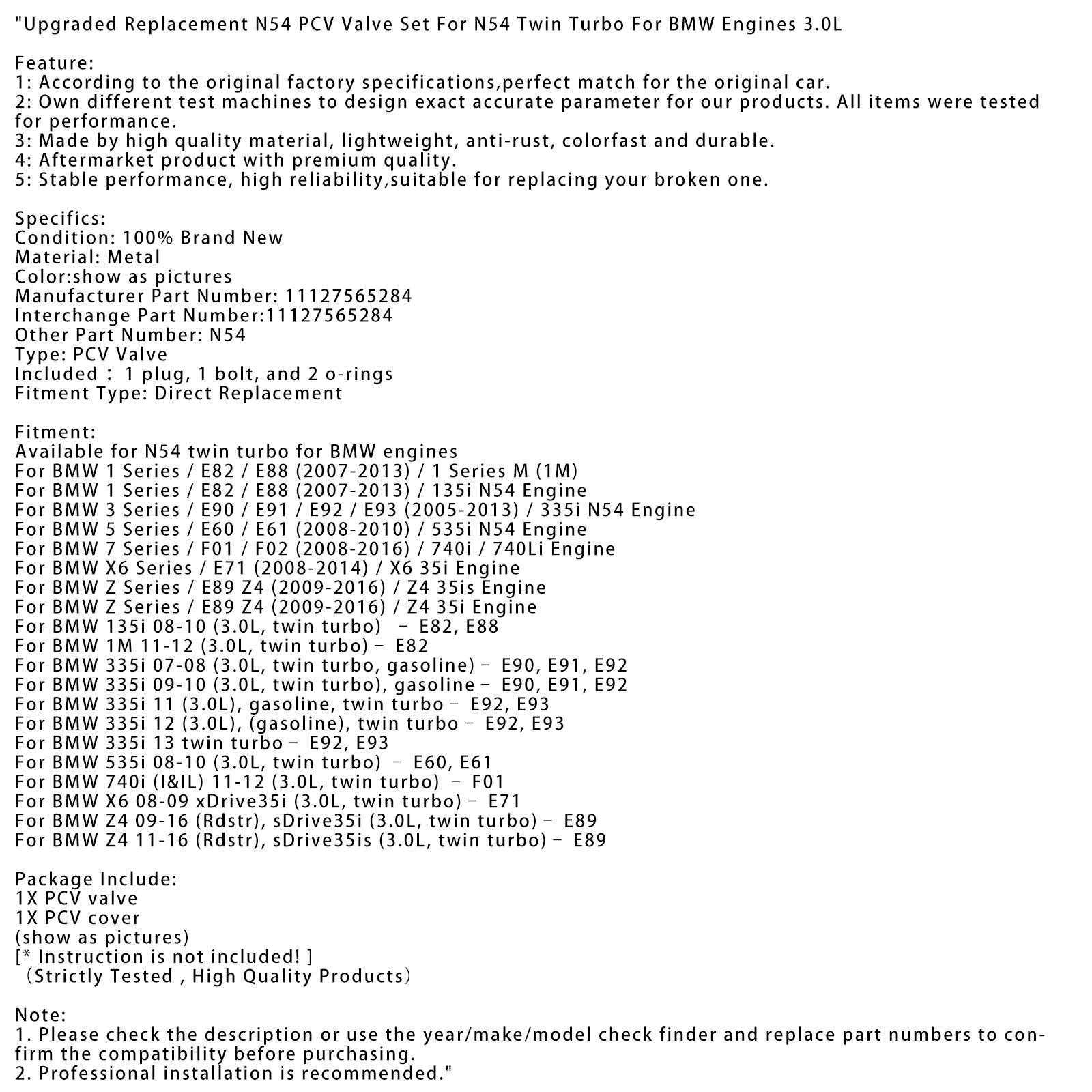 Upgraded Replacement N54 PCV Valve Set For N54 Twin Turbo For BMW Engines 3.0L