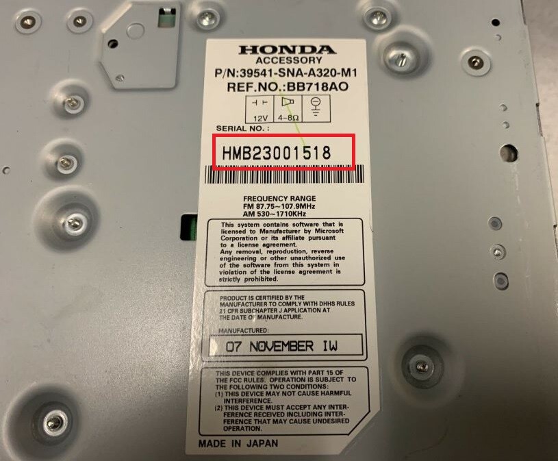 Honda radio navigation CODE Anti Theft Unlock Service by Serial Number
