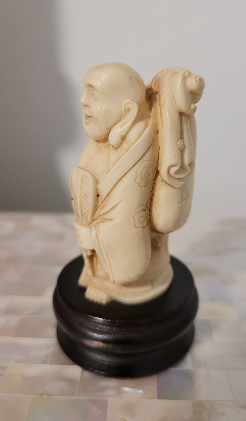 Vintage Japanese Carved Happy Buddha Figurine on Wood Stand 3-3/4" tall