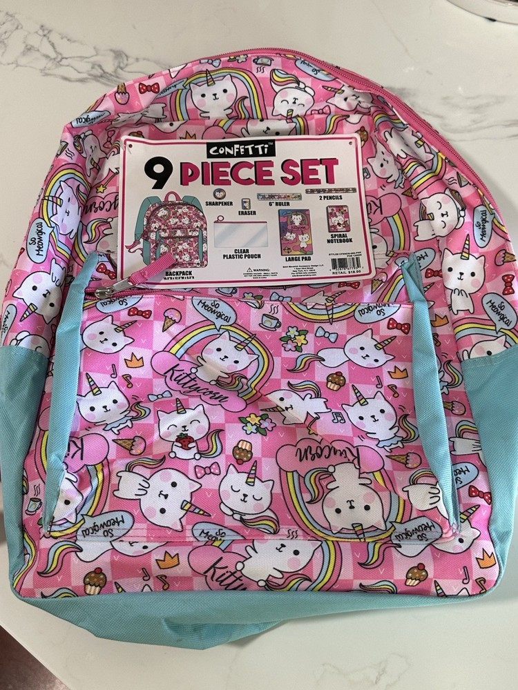Confetti Backpack Cudlie 9 piece Set Chalkboard Kitty-corns