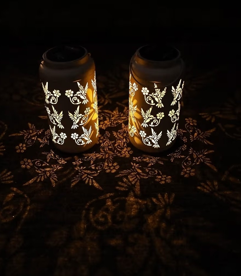 Bliss Medium Solar Lantern Set Gold Hummingbird Pattern LED Waterproof