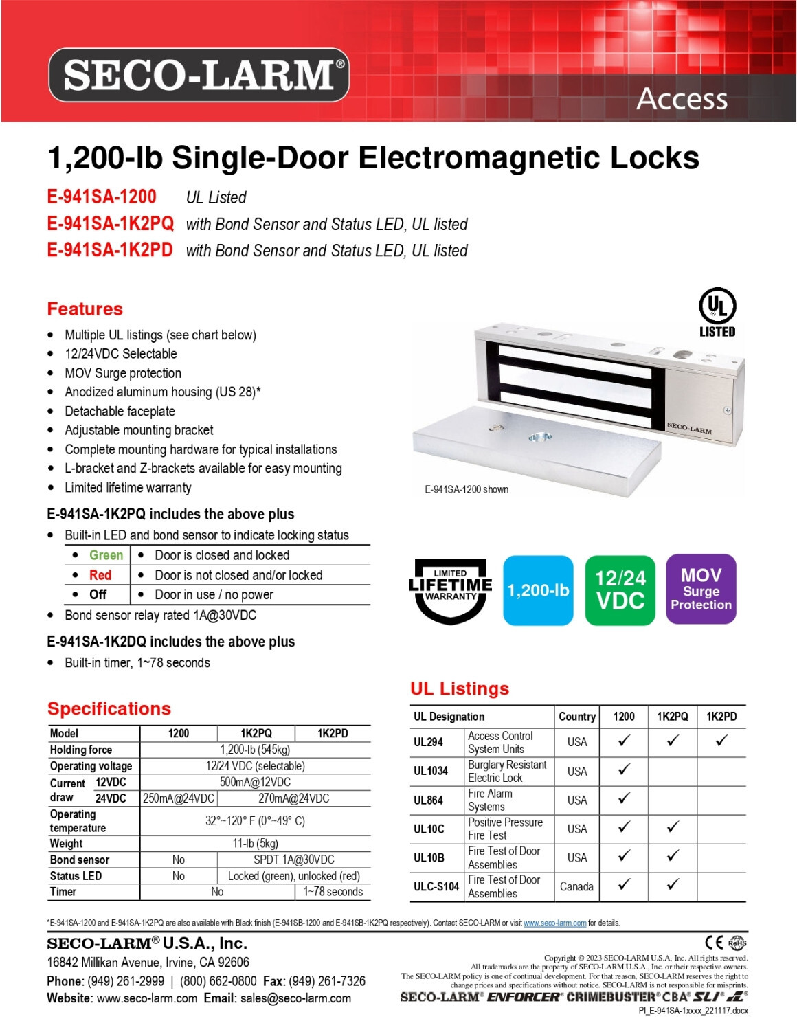 Seco-Larm E-941SA-1200 Electromagnetic Lock with 1200 lb. (545kg) Holding Force