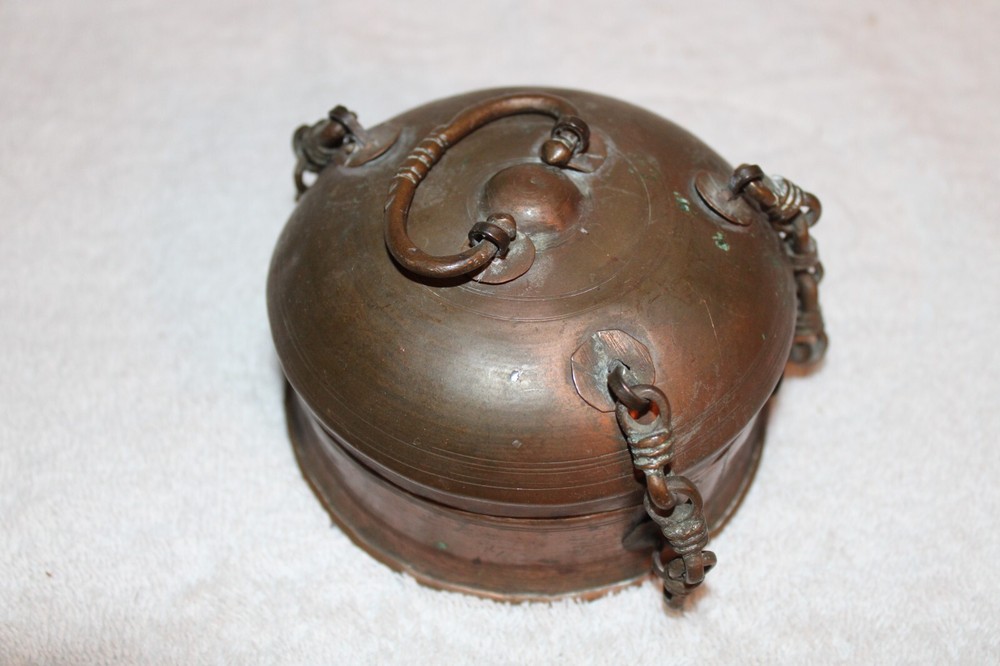 Antique Islamic Valuables Copper Chained Lidded Box