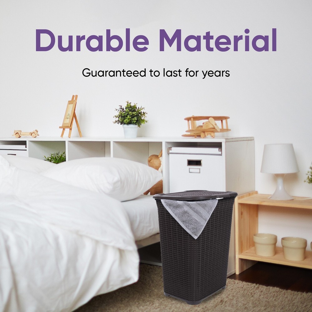 Plastic Laundry Hamper with Lid 50 Liter , Brown 2 Pack Knit Designed, Durable