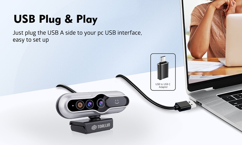 TOALLIN 2K QHD Webcam Auto-Focus Windows Hello Privacy Shutter with Microphone