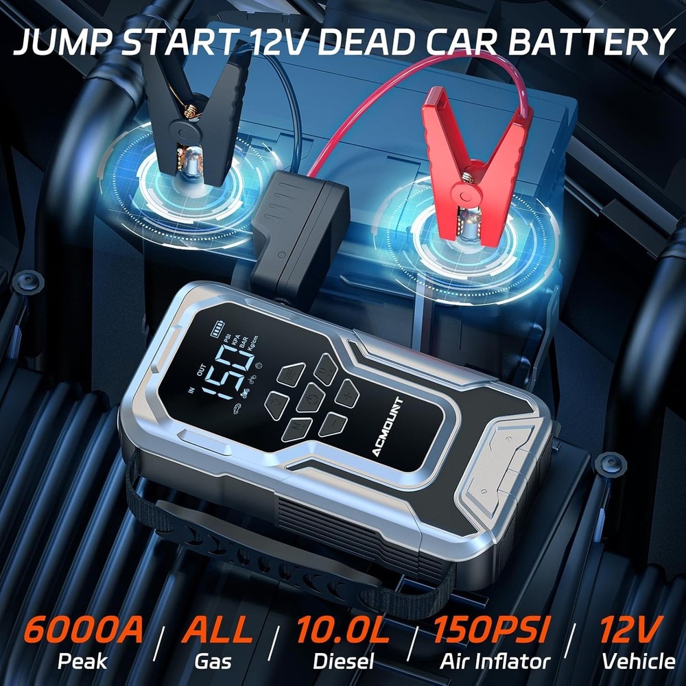 D18 Jump Starter with LED Light, 6000A Power & Air Compressor - Compact Design