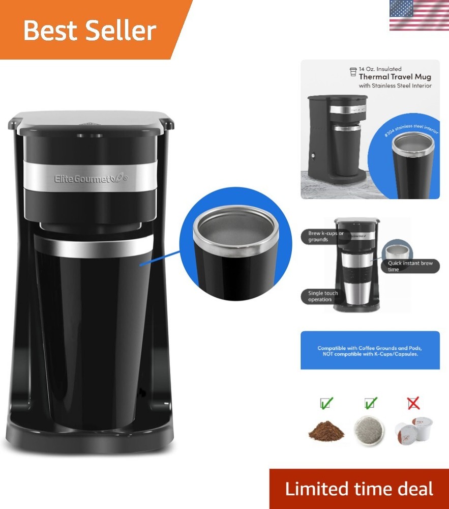Quick Brew Compact Coffee Maker with Reusable Filter & Insulated Travel Mug