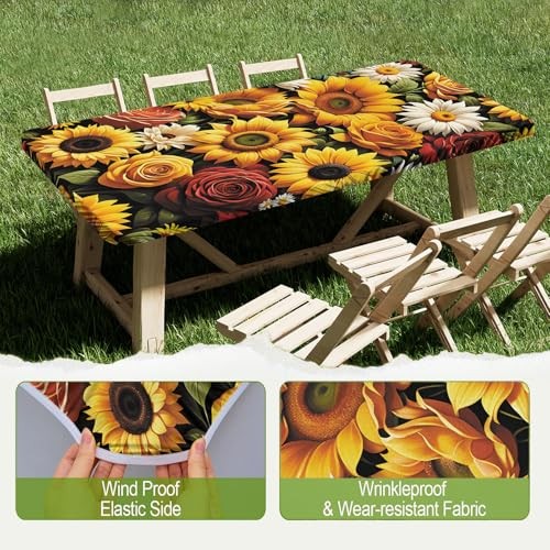 Picnic Table Cover with Elastic Edge,6FT 72" x 30" (Rectangular) Sunflower